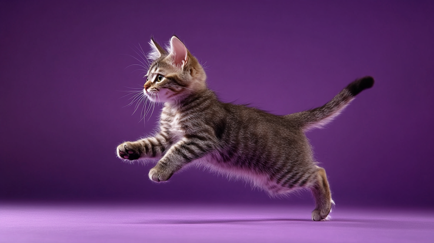 A cute tabby cat in mid-air. Magazine photo