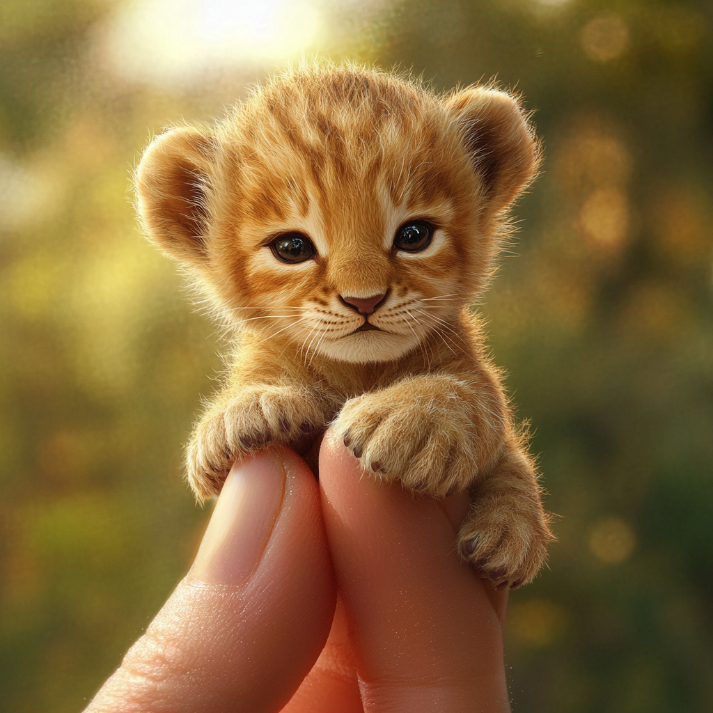 A cute tiny lion cub resting on finger