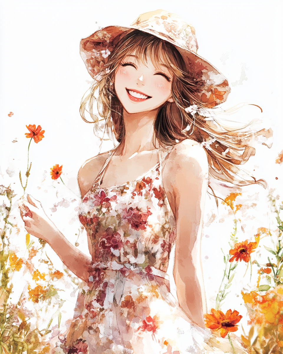 A cute woman smiling in floral dress illustration.