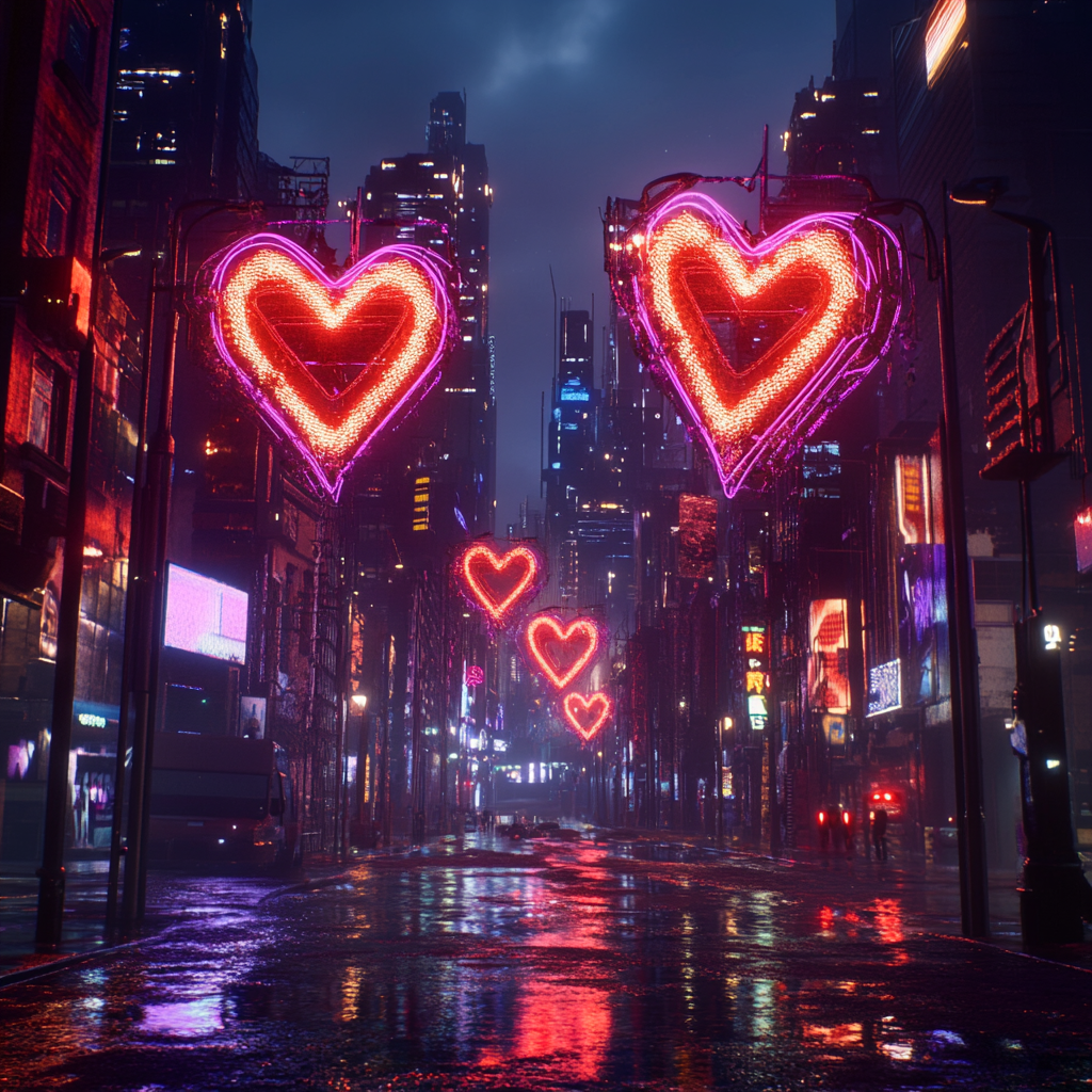 A cyberfuturistic city with broken heart neon lights