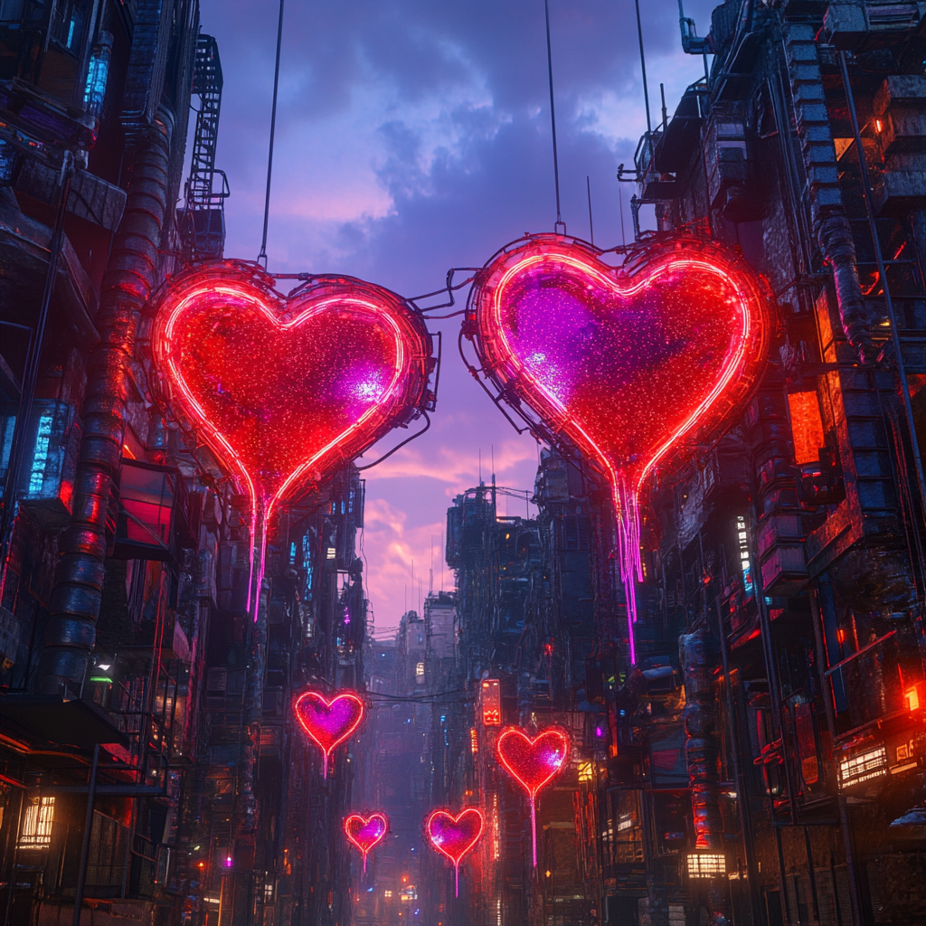 A cyberfuturistic city with heartbreak lights at sunset.