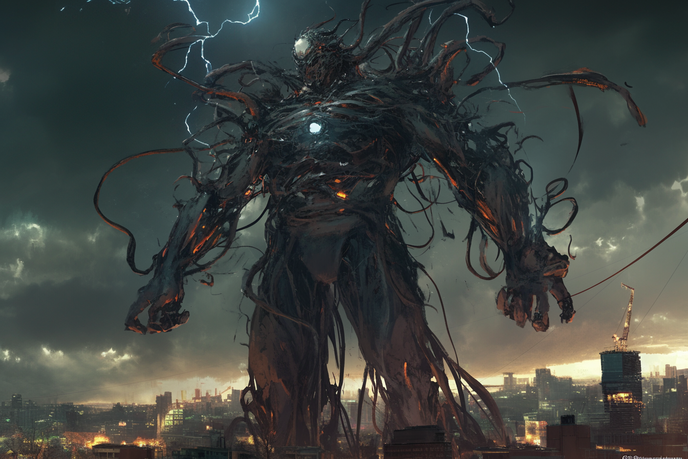 A cybernetic man made of wires and metal looming.