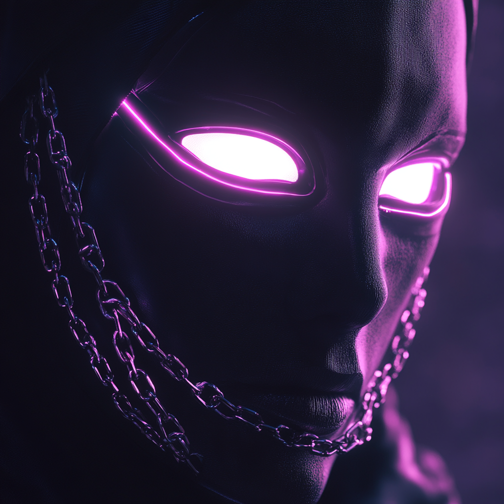 A cyberpunk character with glowing eyes and chains.