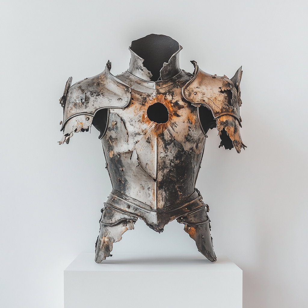 A damaged knight's armor on display gallery box