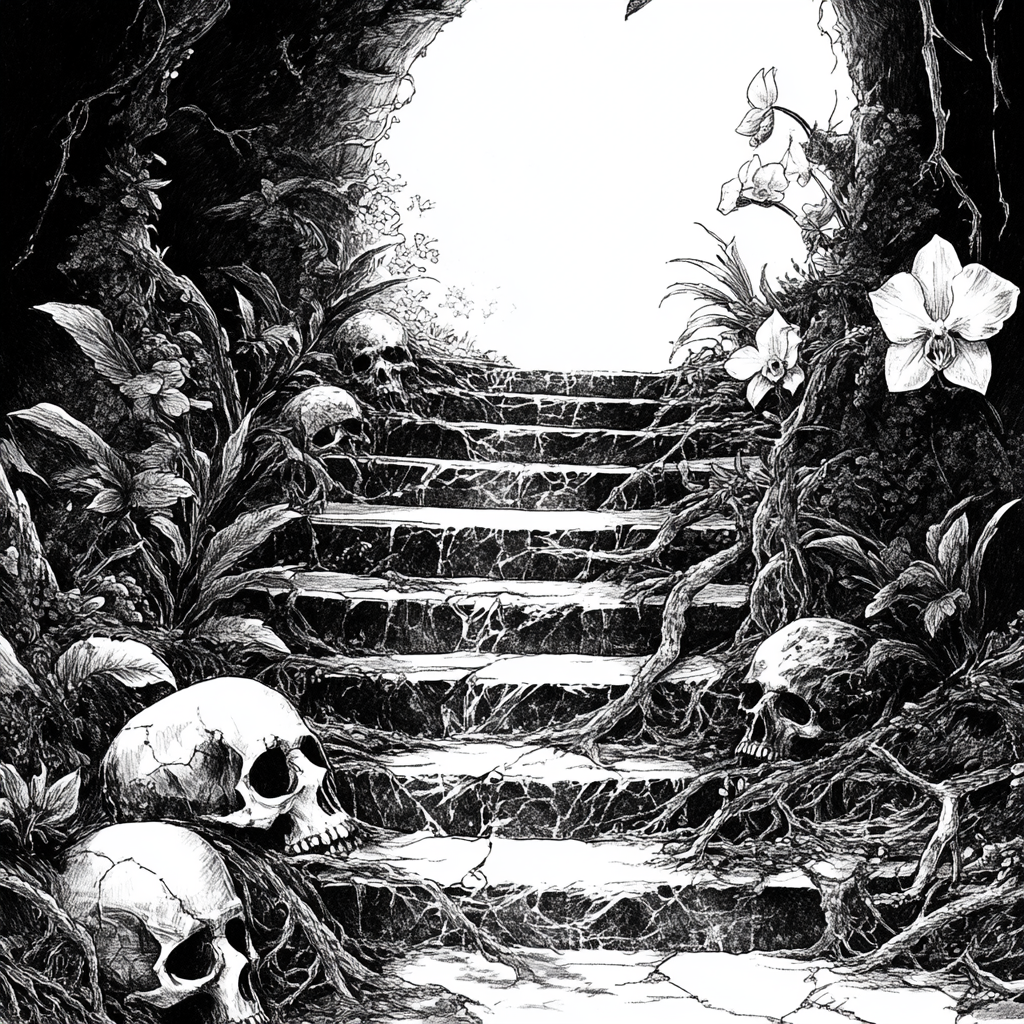 A dangerous cave stairway to bright orchid light.