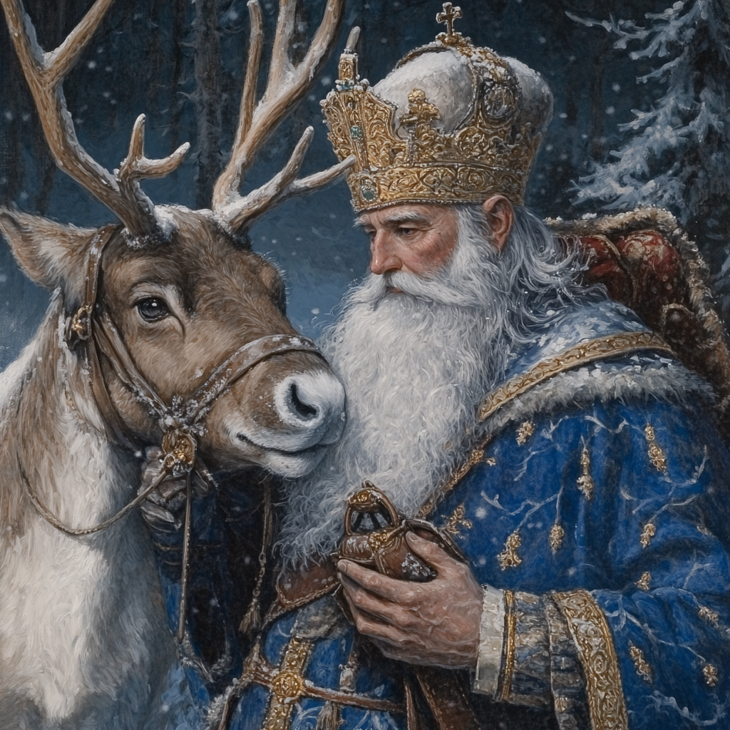 A dark baroque scene of Saint Nicholas in winter.