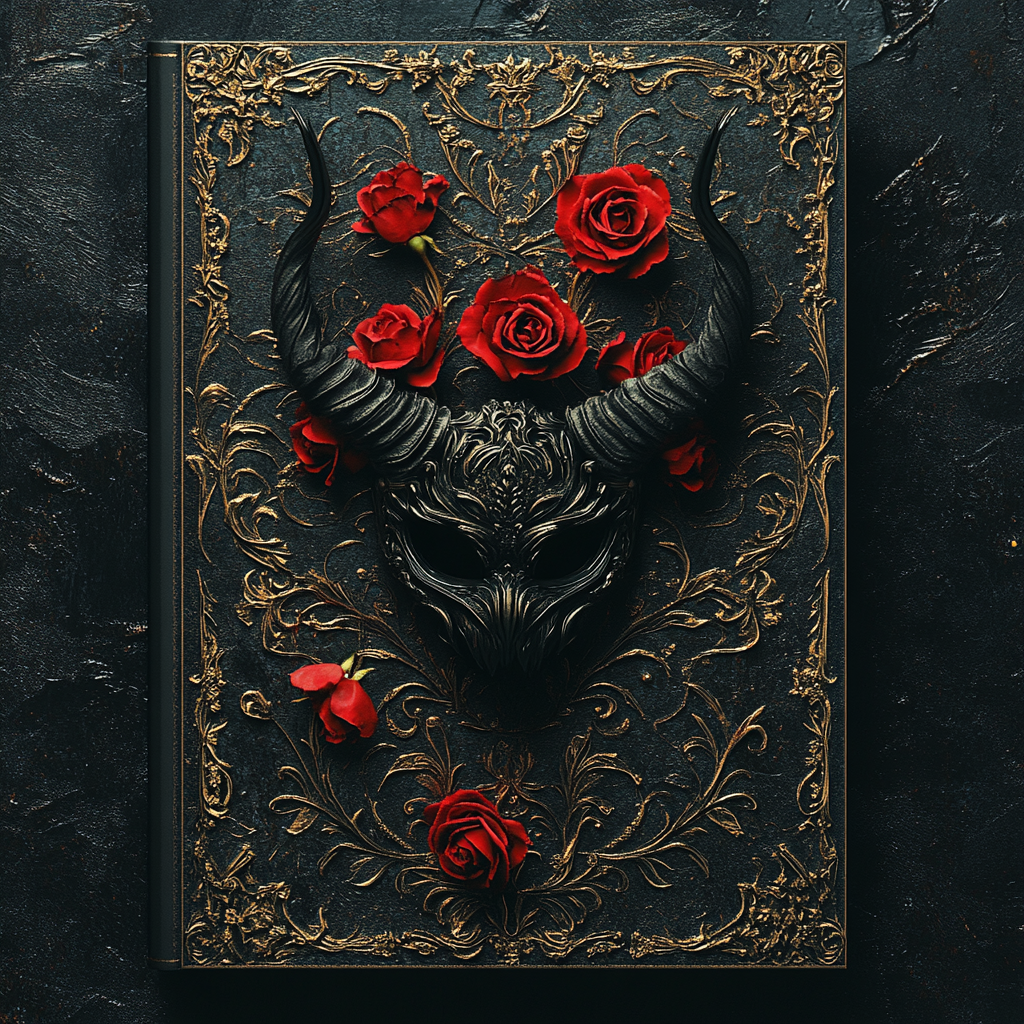 A dark book cover with red roses and devil.