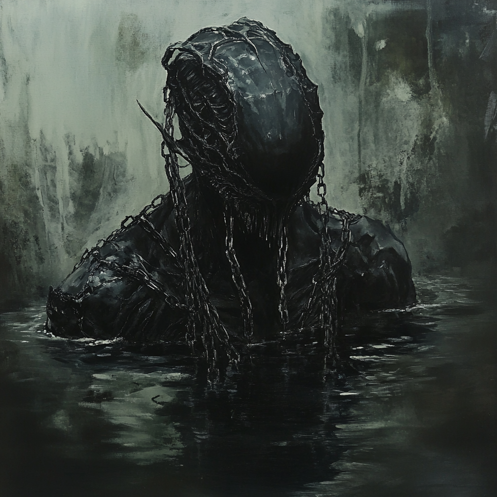 A dark demon with chains in misty water.