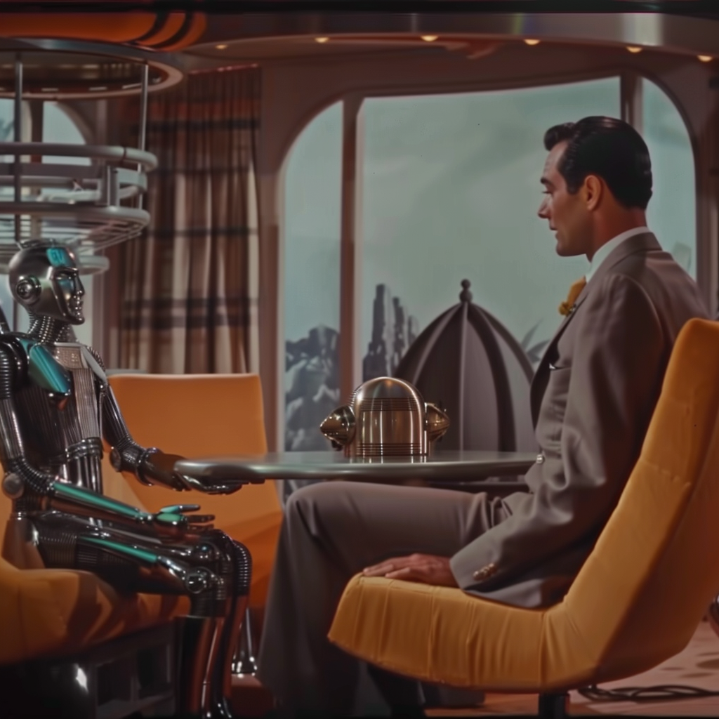 A dark-haired man talks to a 50's robot