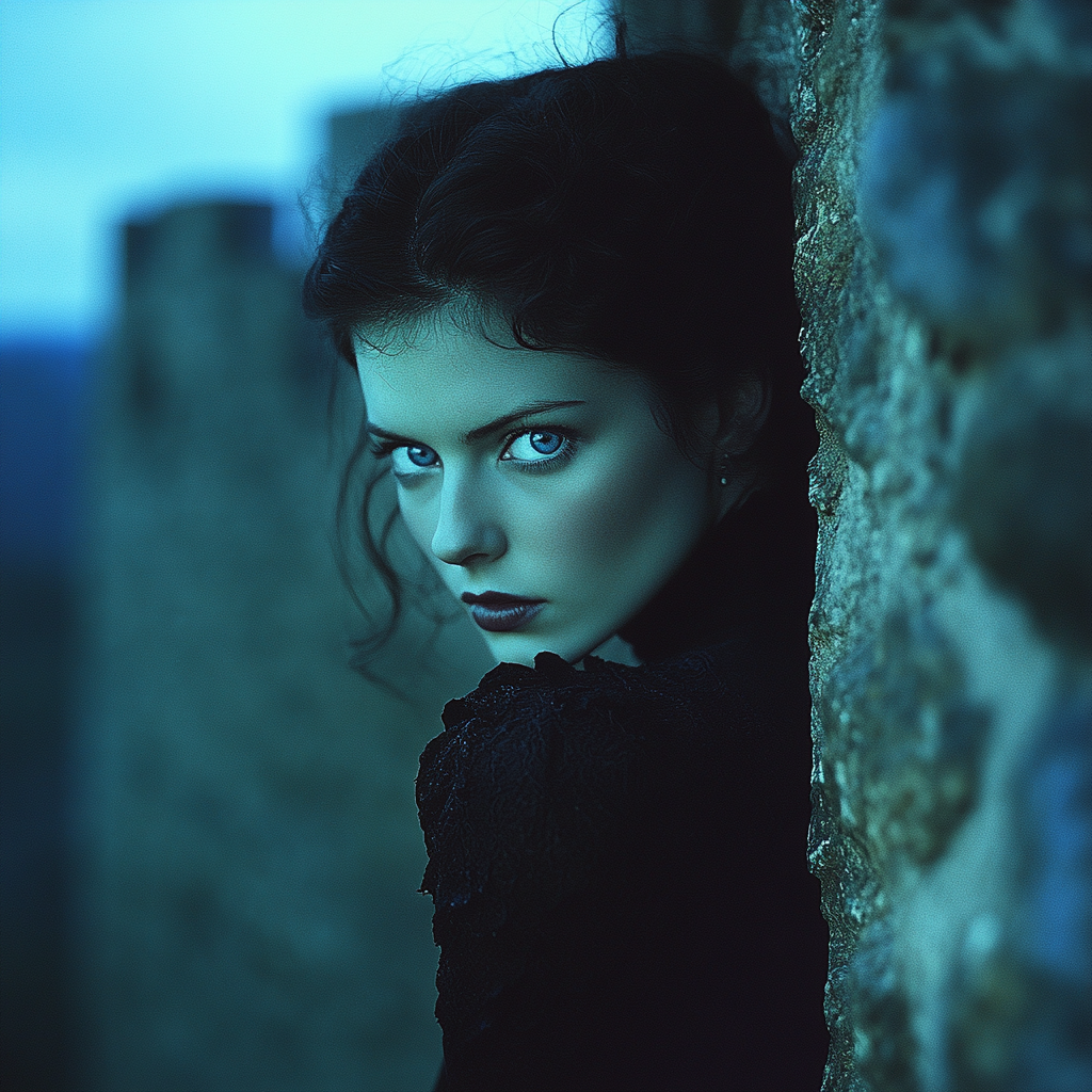 A dark-haired woman in black dress peering