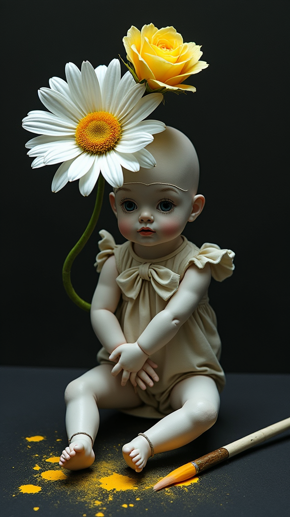 A dark image with daisy, yellow rose, broken doll