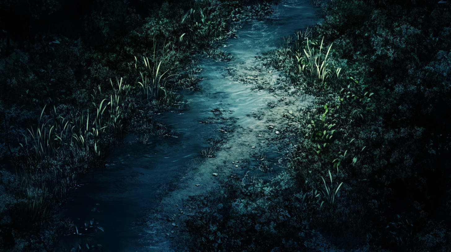 A dark jungle swamp battle at night.