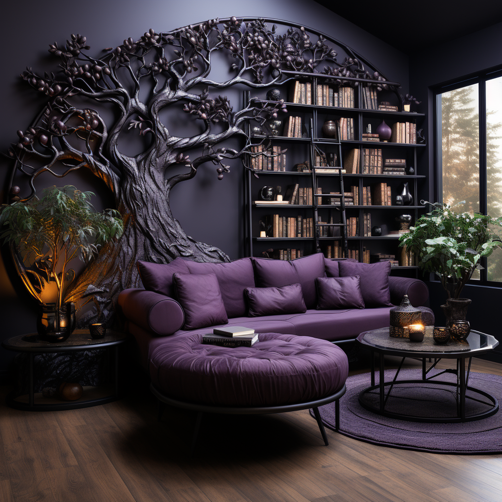 A dark room with tree-shaped bookshelves and books.