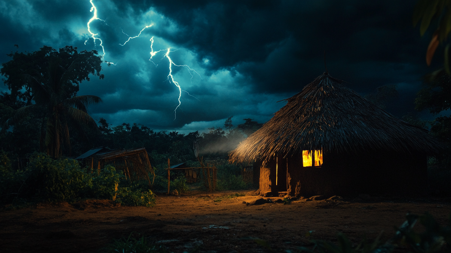 A dark village hut in African mythology