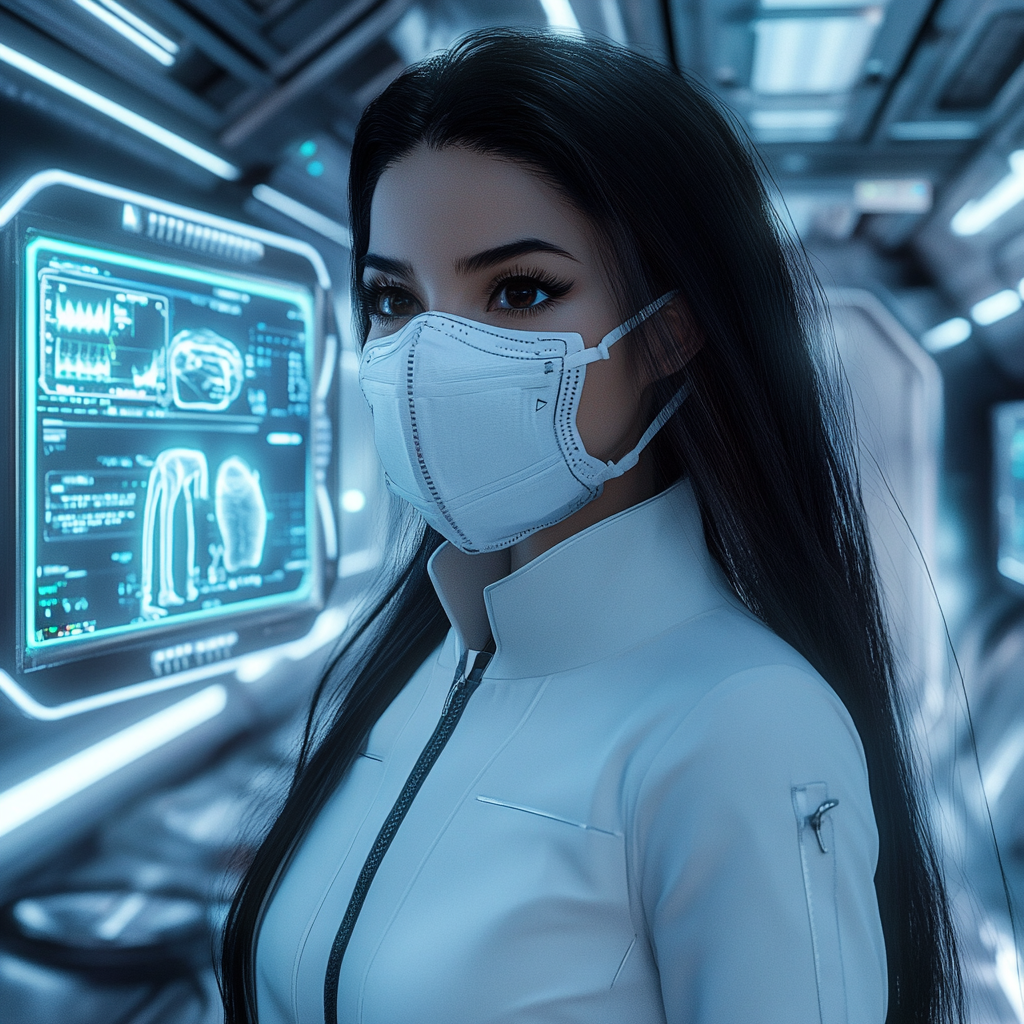 A dedicated doctor in a futuristic spaceship clinic