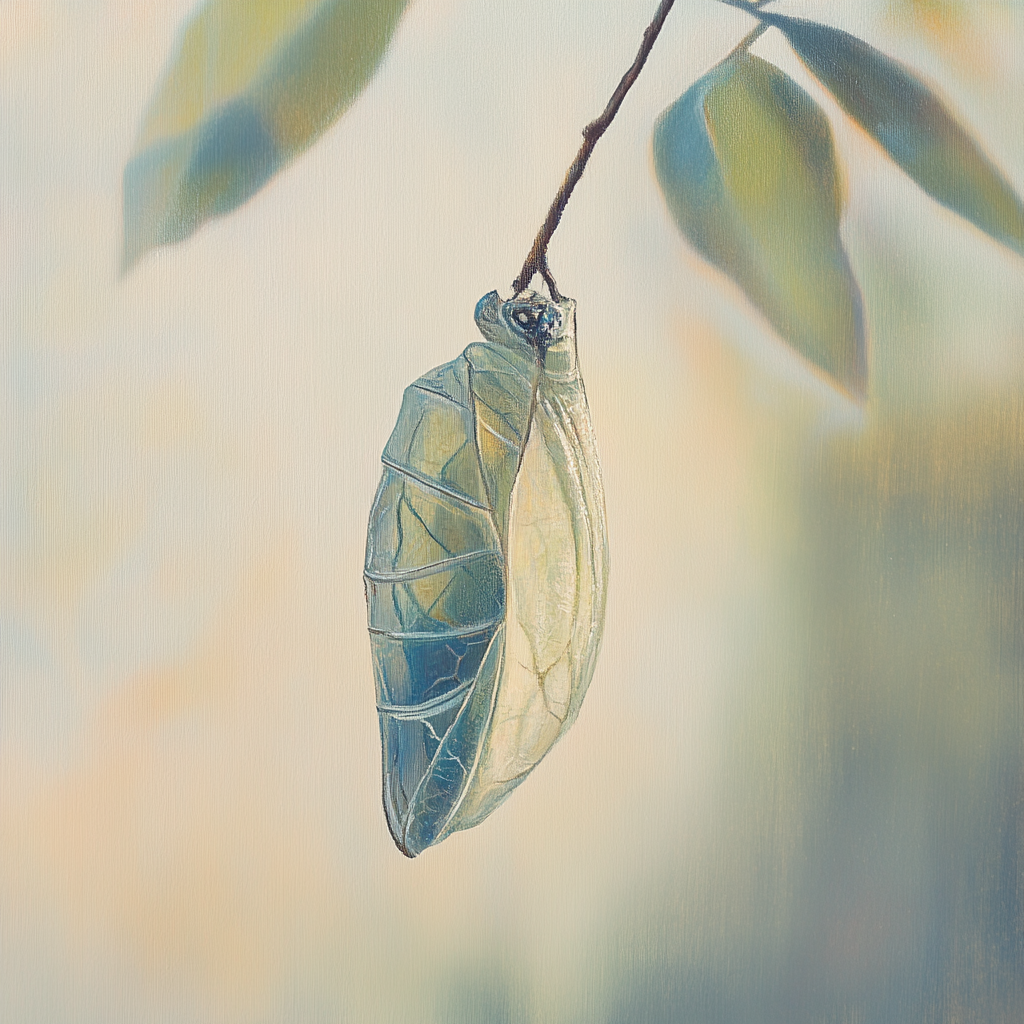 A delicate chrysalis in soft morning light