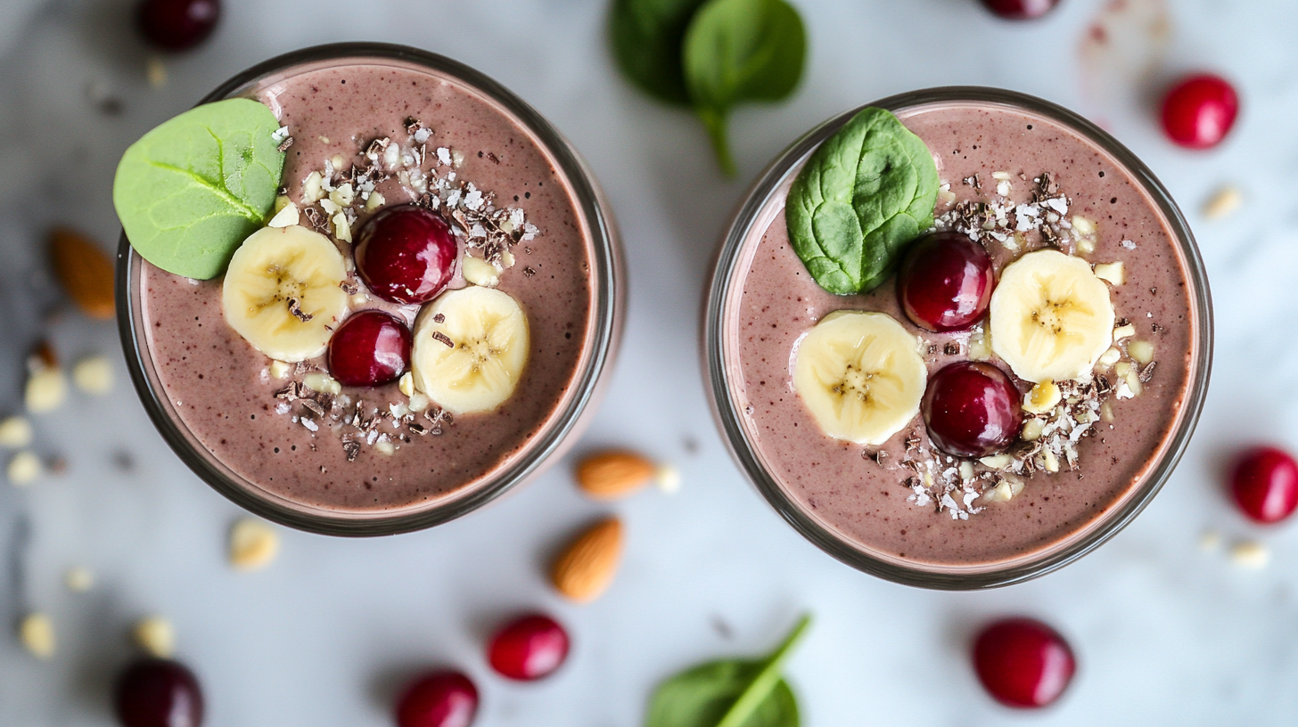 A delicious cherry-chocolate smoothie with fruity toppings