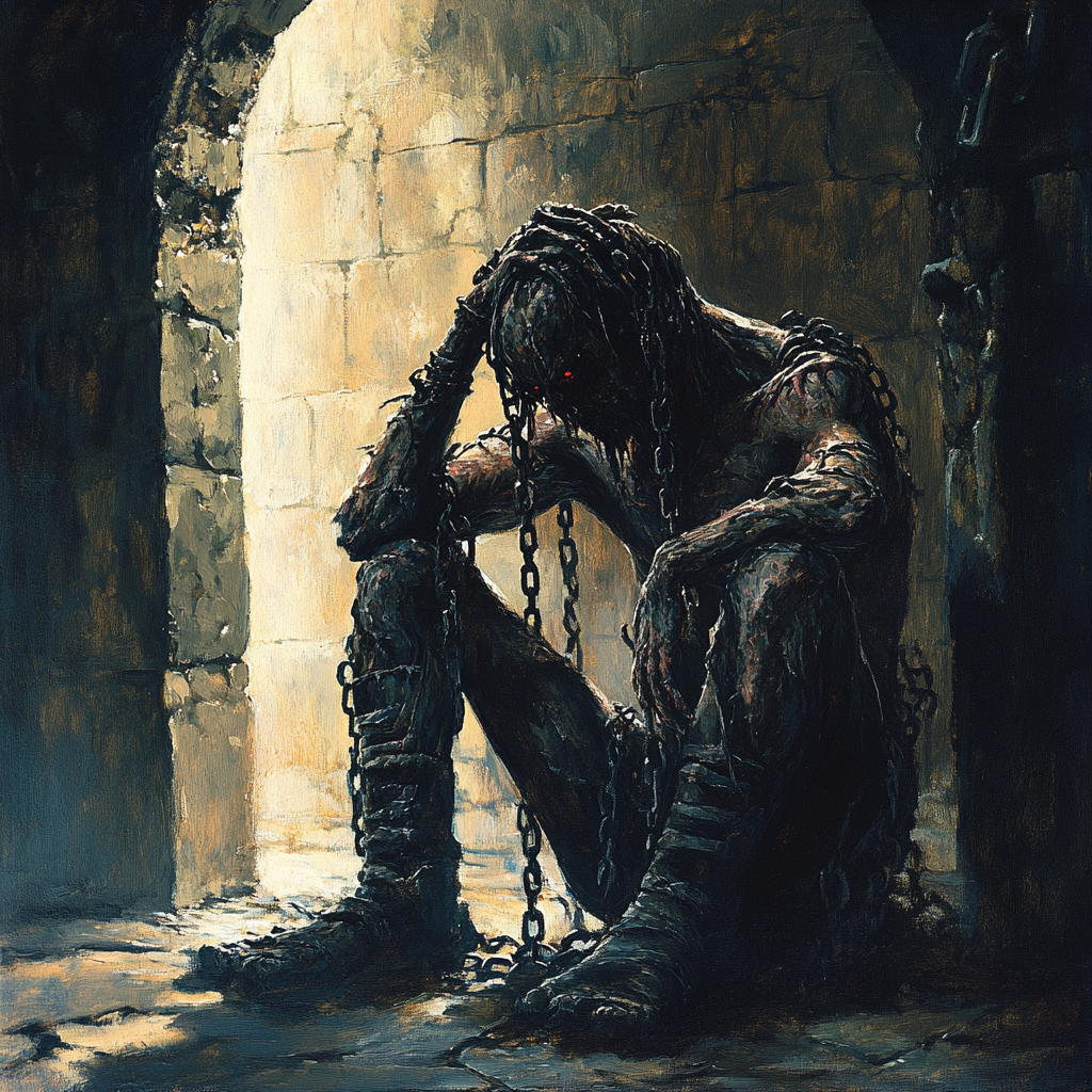 A demon in a dark castle with chains, distressed.