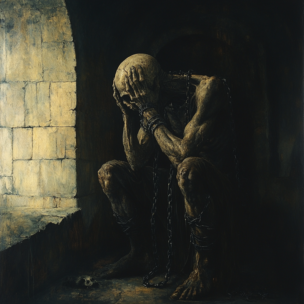 A demon in dark castle holding skull, chains.