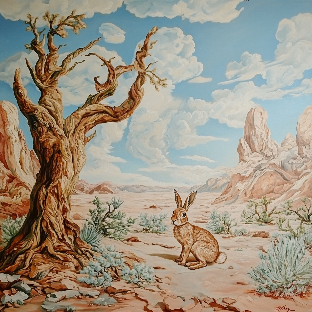 A desert hare in a classical desert painting.