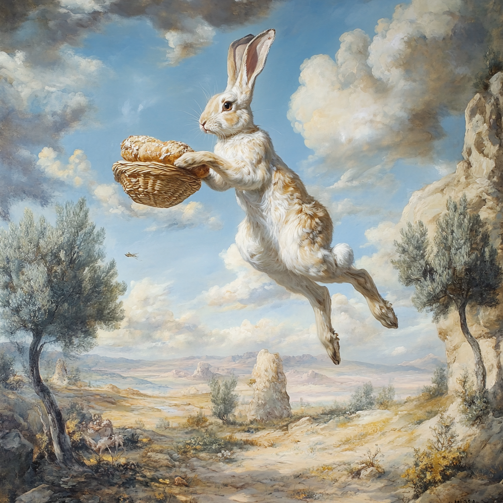 A desert hare jumps with a basket of bread