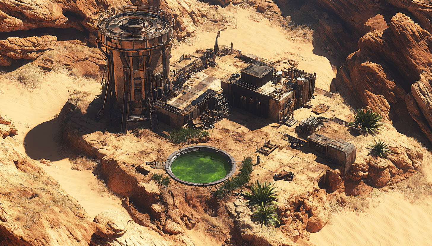 A desert outpost with oasis fountain and watchtower.