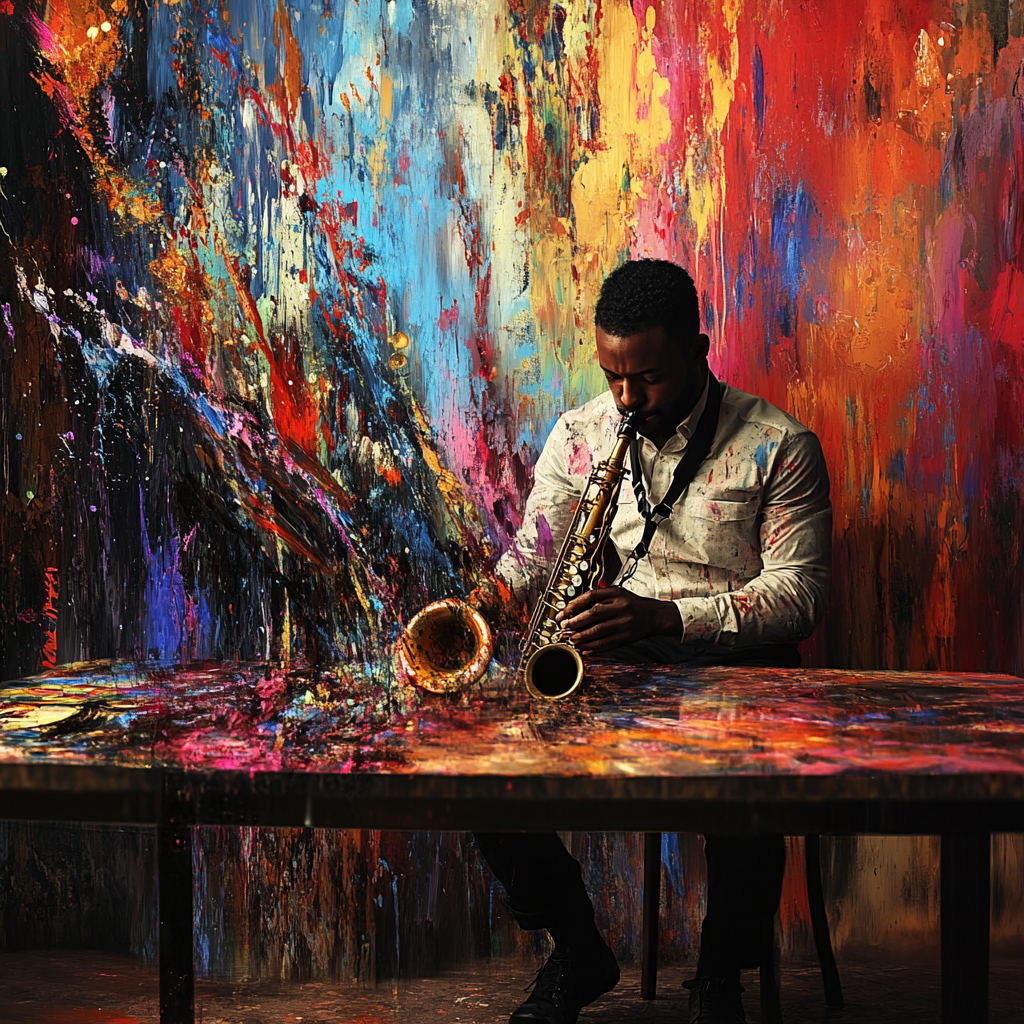 A detailed African man playing saxophone in abstract art.