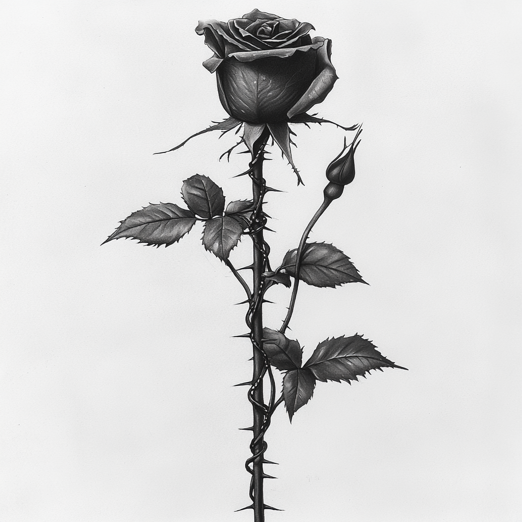 A detailed black and gray rose with Barbwire.