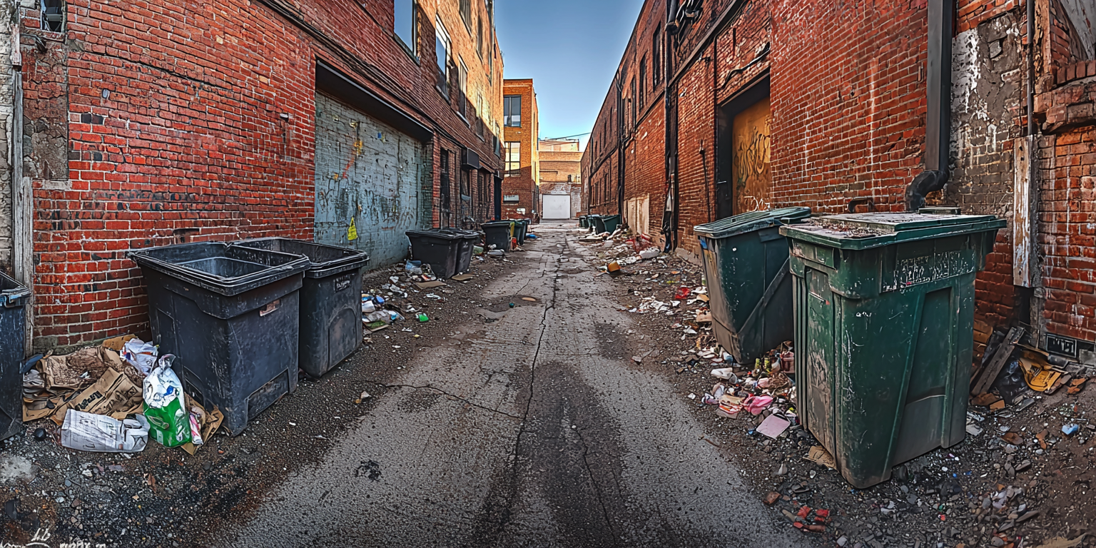 A detailed fisheye lens photo of dirty alleyway.