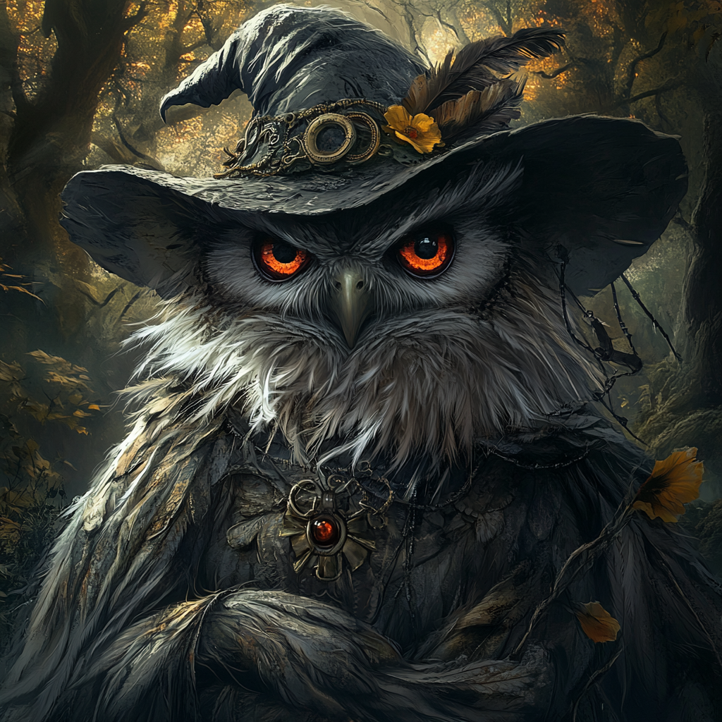 A detailed illustration of a steampunk owl witch