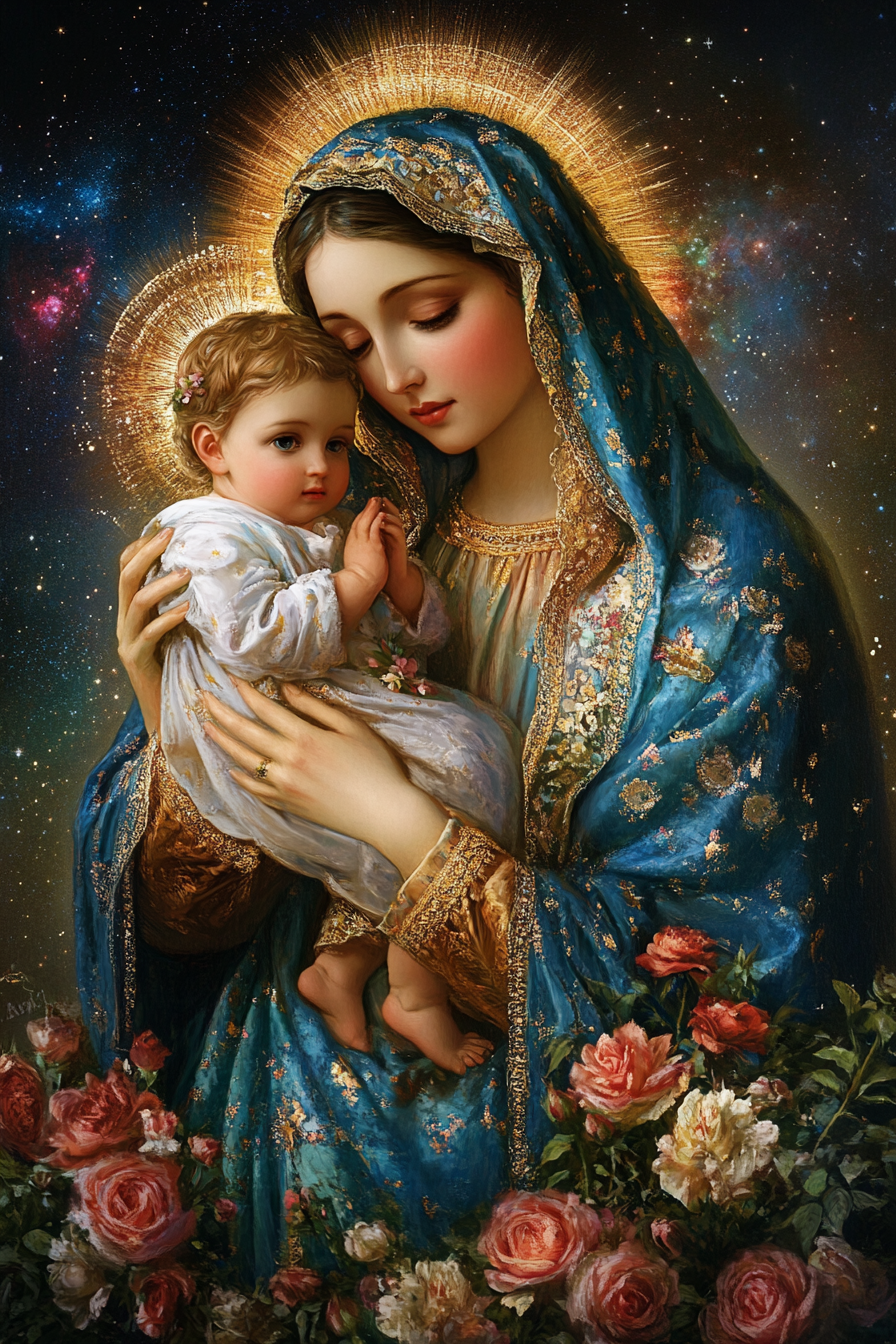 A detailed painting of Mary holding baby Jesus