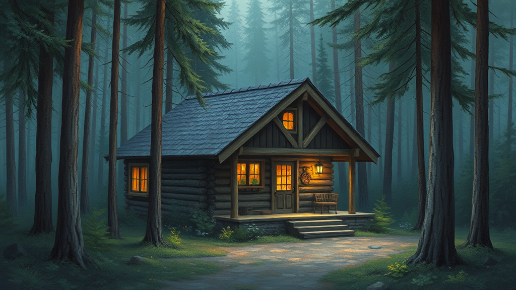 A detailed painting of a cabin in the woods.