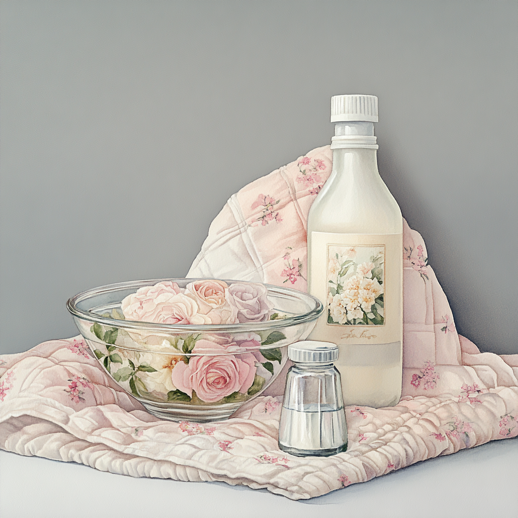 A detailed watercolor image of fabric softener setup.