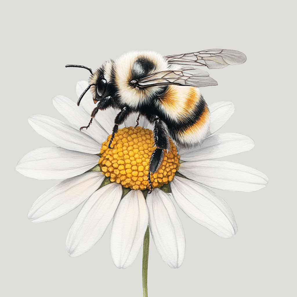 A detailed watercolor of a bumblebee on daisy