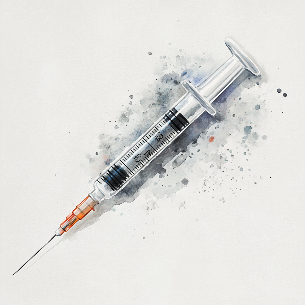 A detailed watercolor of syringe on gray background