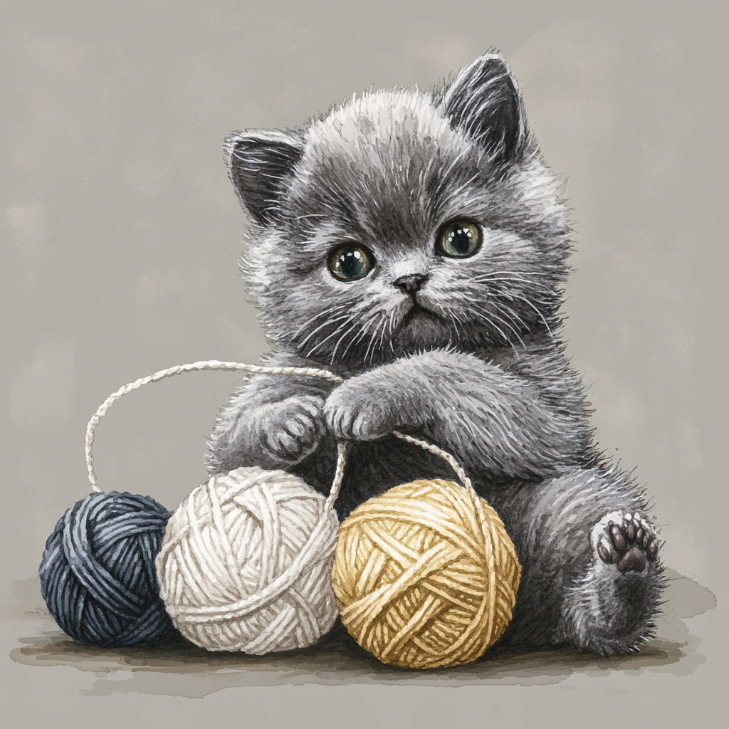 A detailed watercolor painting of a playful gray kitten.