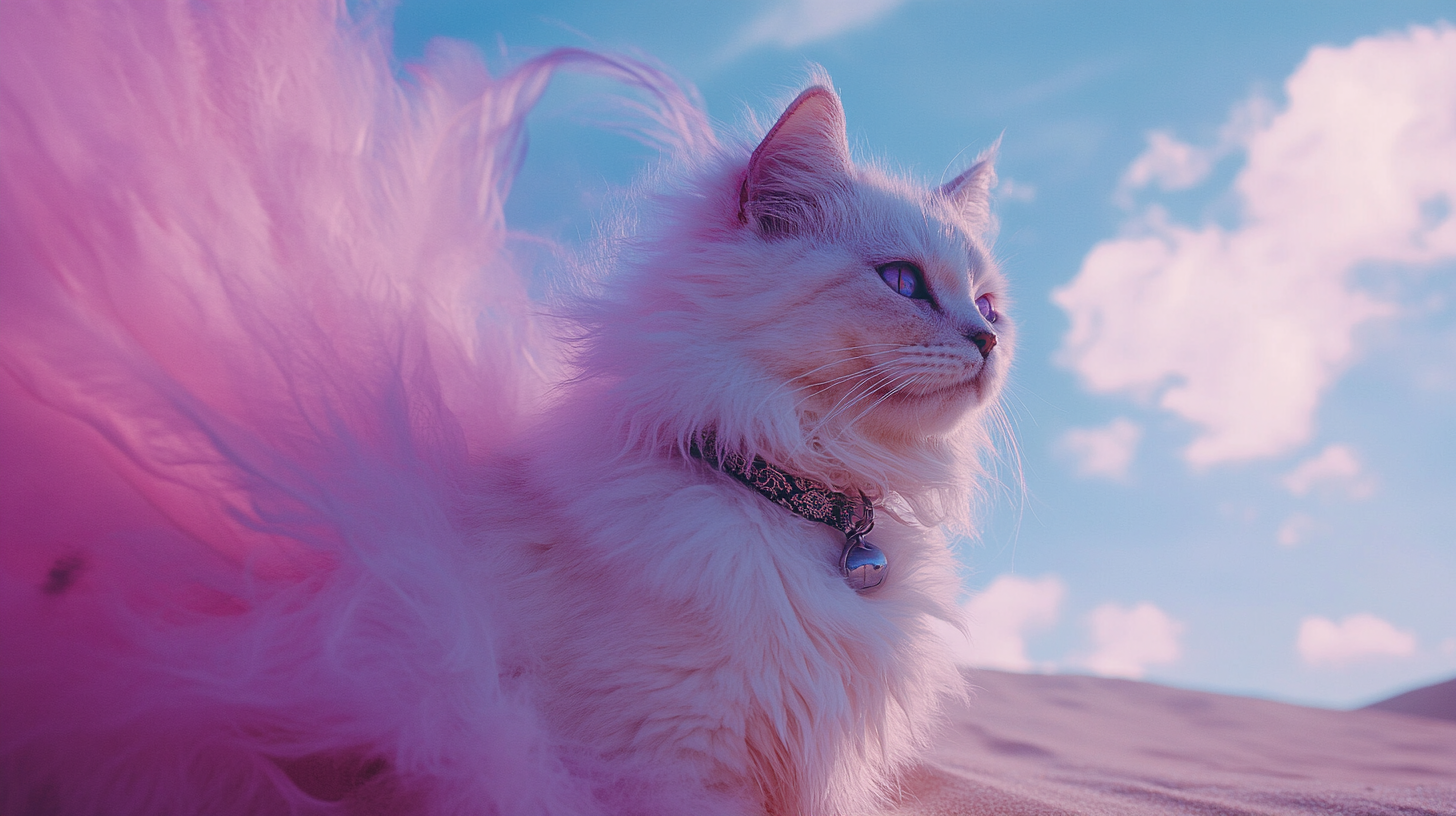 A detailed white cat with purple feathers on beach