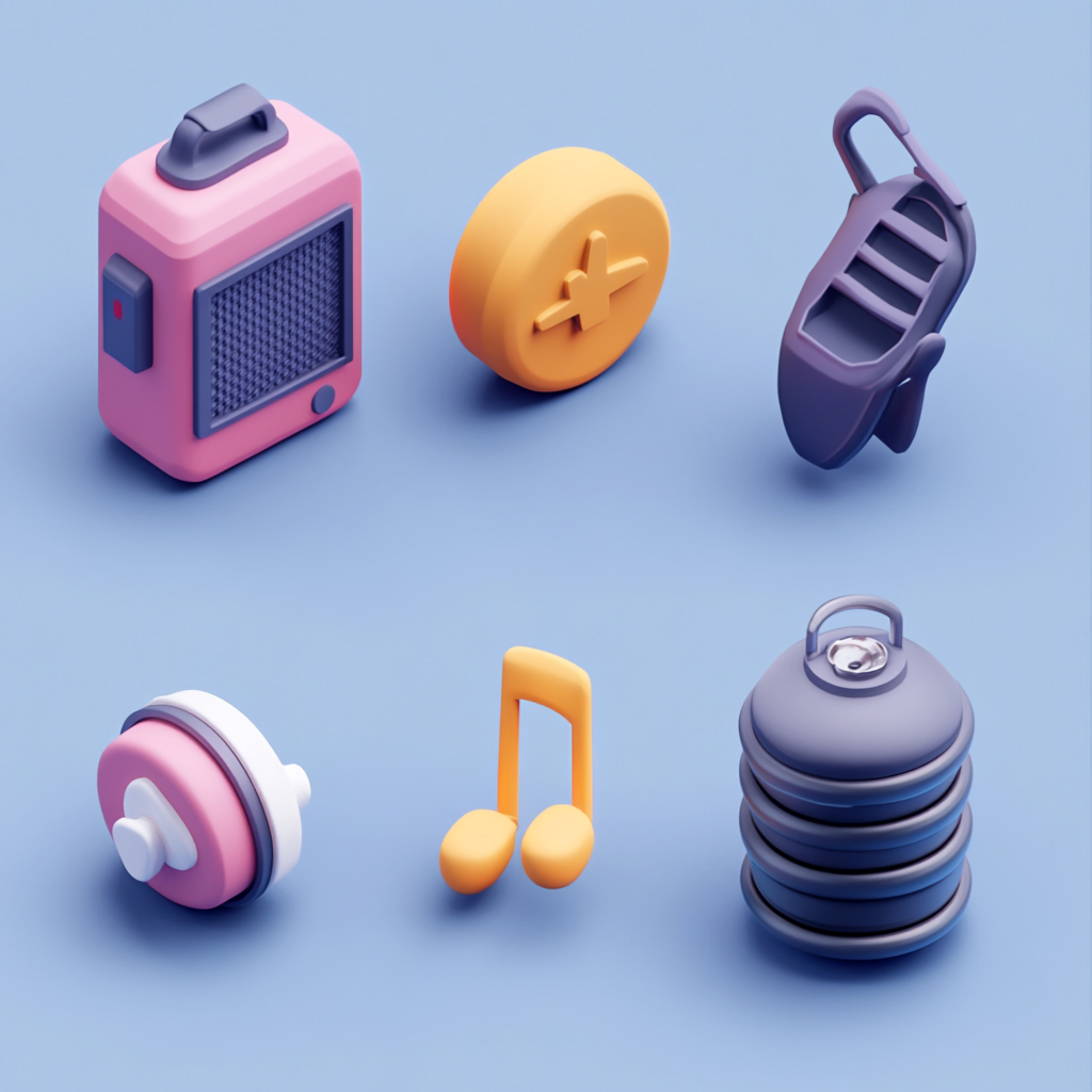 A digital design showing icons in Blender style.