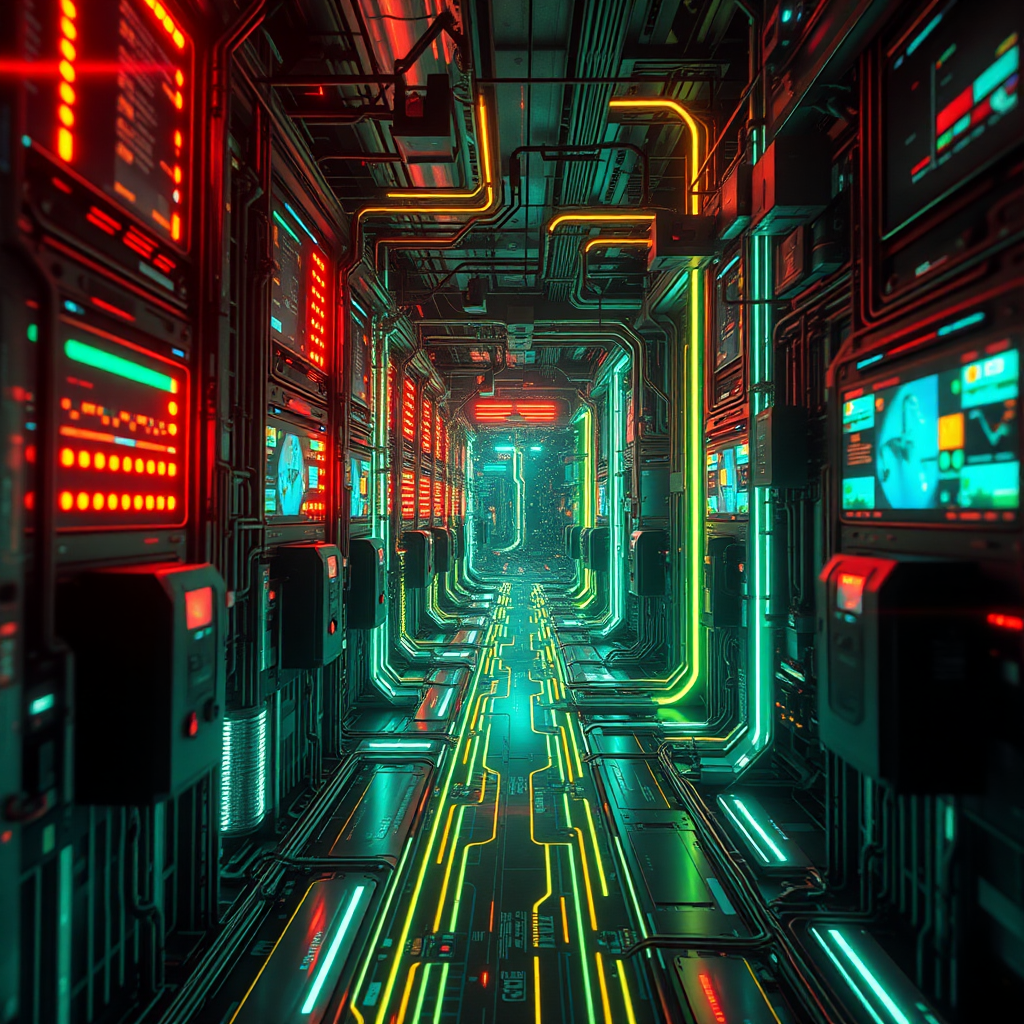 A digital glitch in a futuristic cyber mainframe.