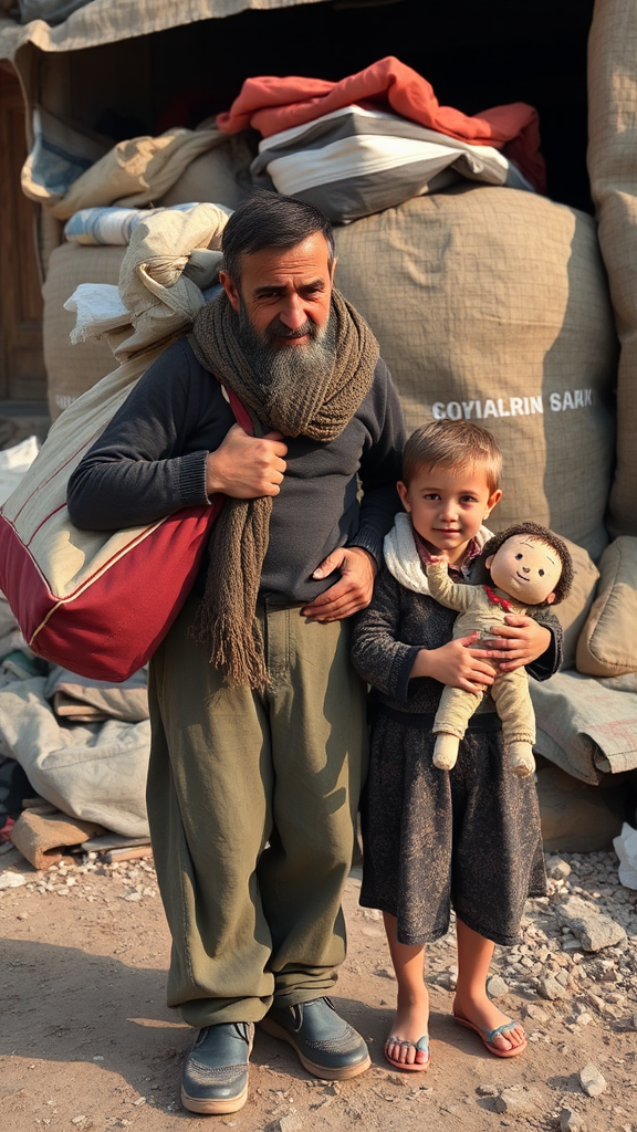 A displaced Gaza family with father, child, belongings.