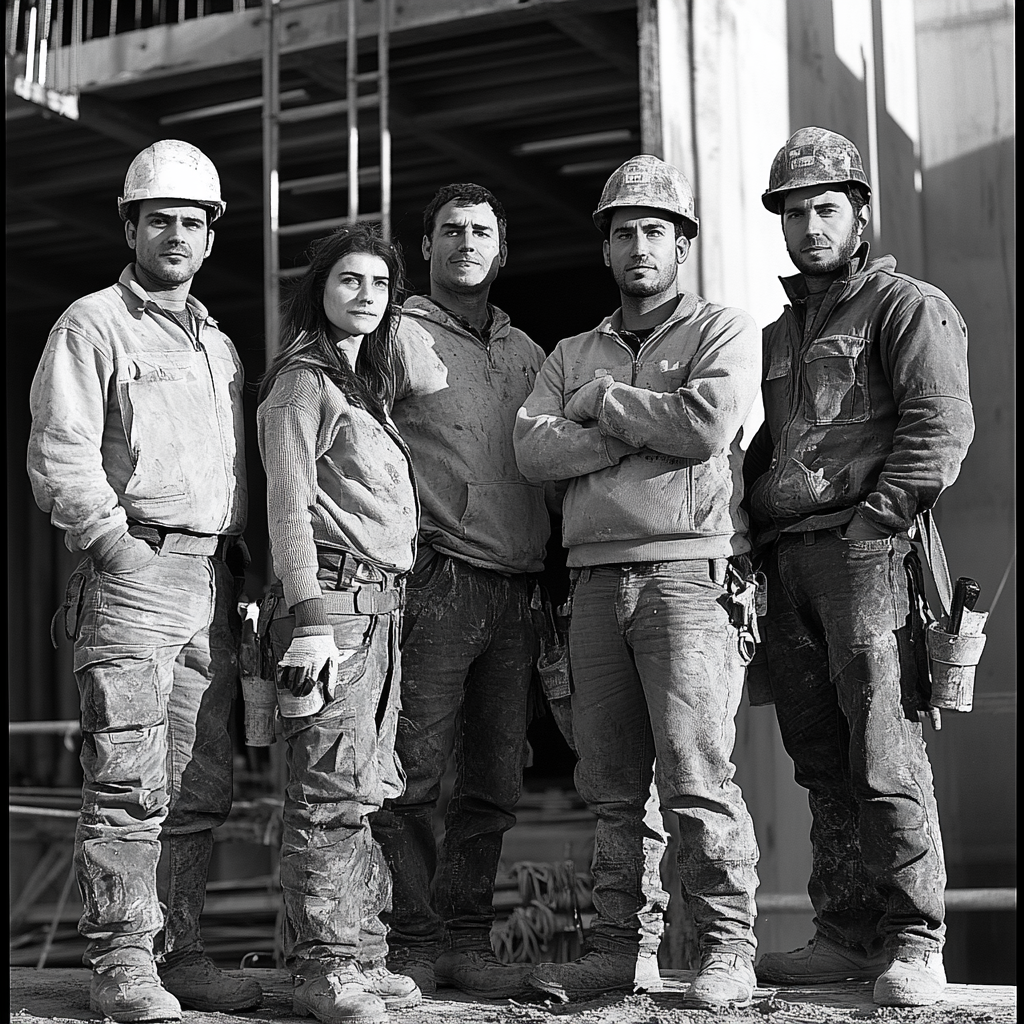 A diverse group of construction workers standing proudly together.