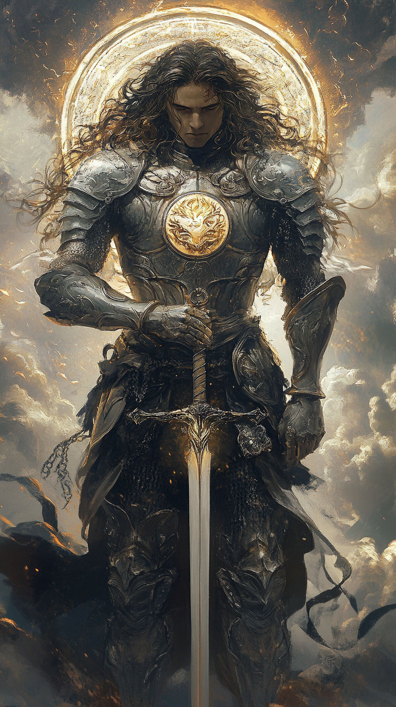 A divine warrior in ornate silver armor with sword.