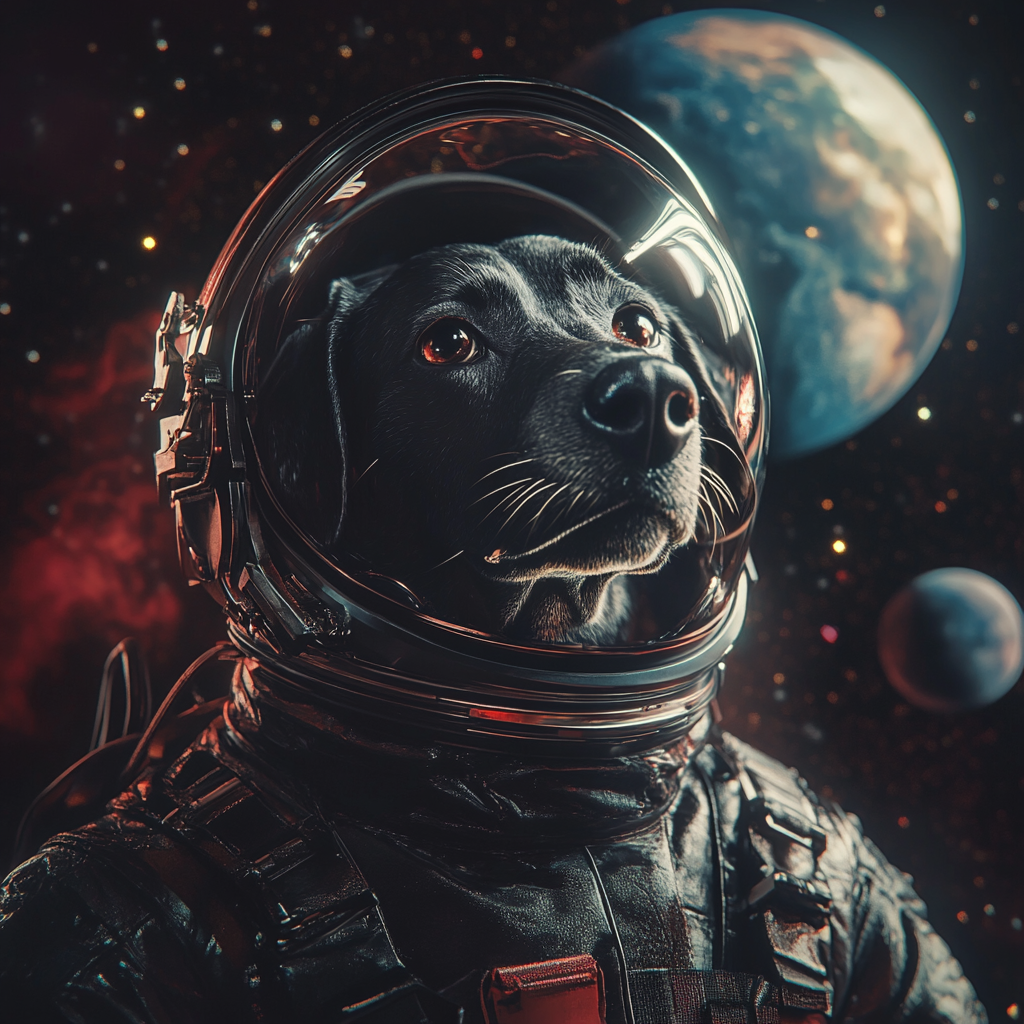 A dog astronaut in space helmet explores planets