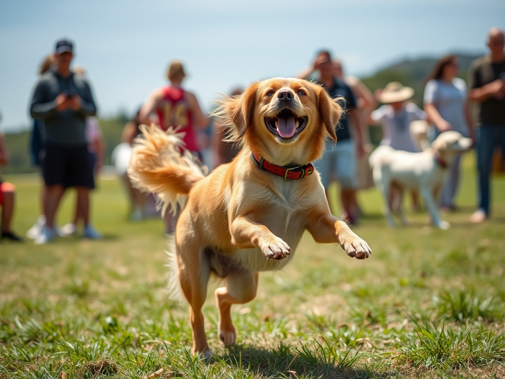 A dog dancing at a party happily.