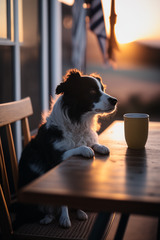 A dog sitting at a sunset table