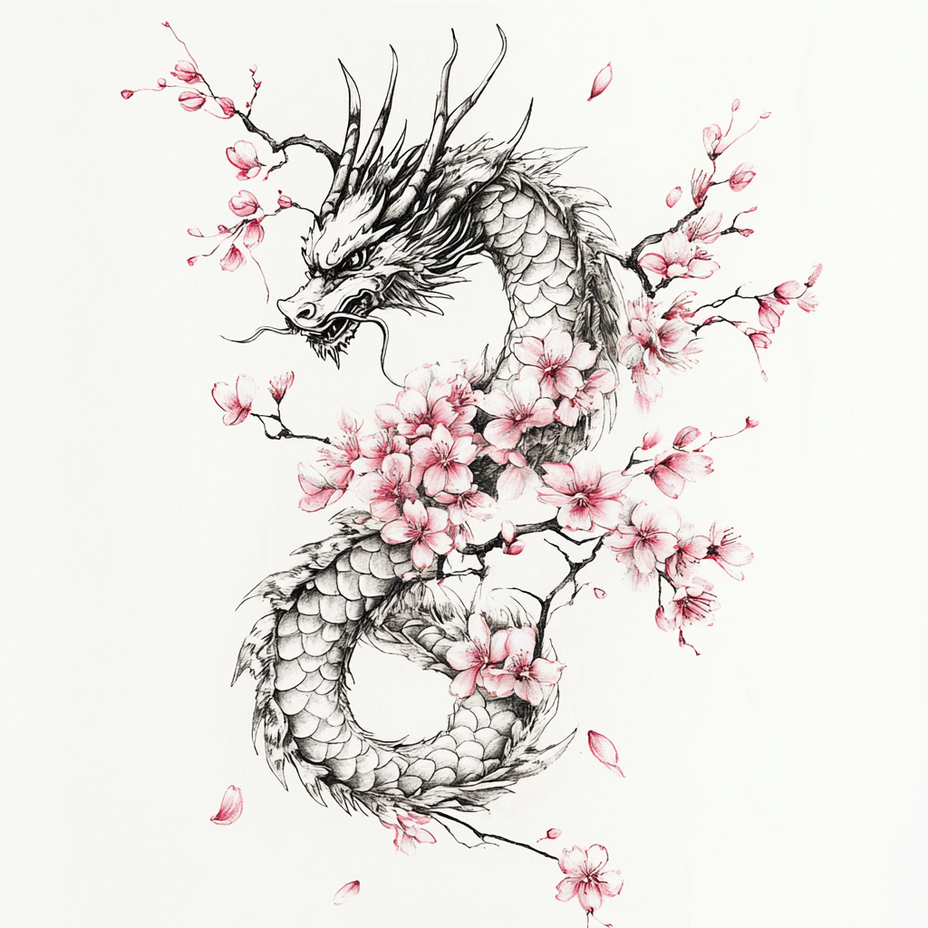 A dragon with sakura flowers on white background