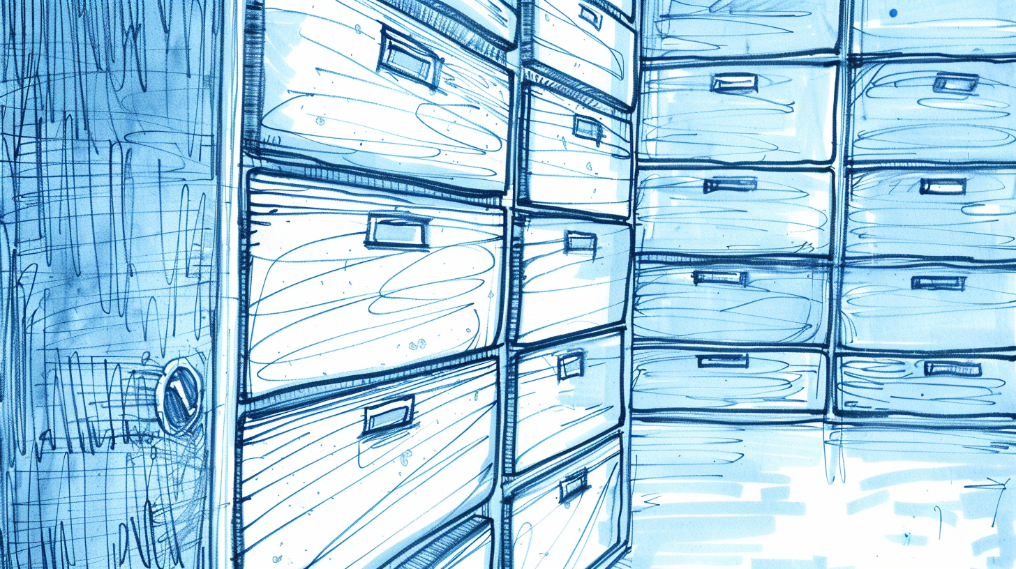 A drawing of a cabinet with many drawers.