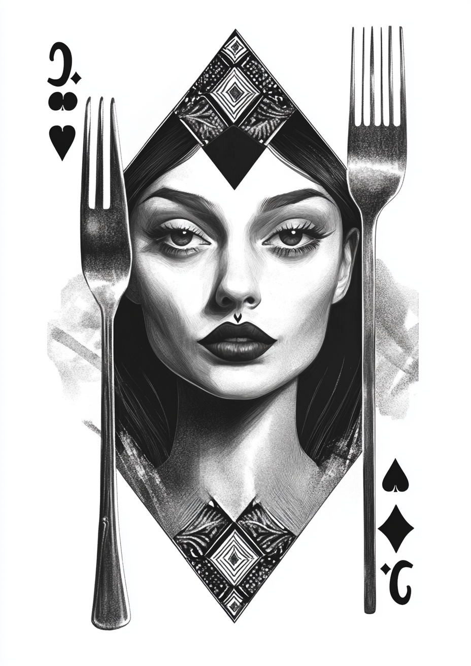 A drawing of a queen playing card with a fork.