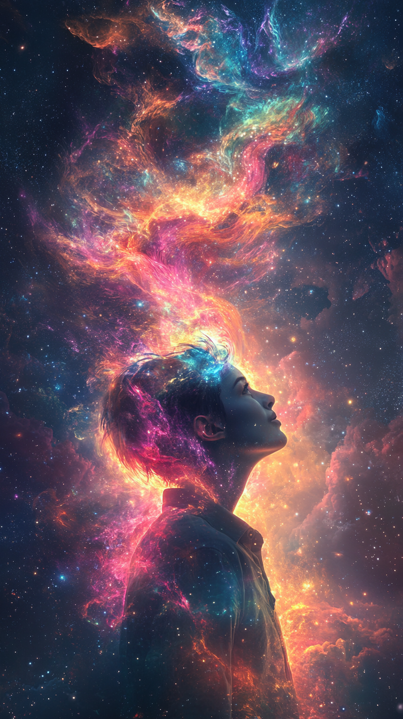 A dreamy image of person connecting with universe.