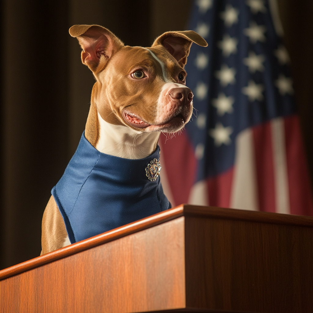 A dressed-up brown pitbull speaking at a podium.